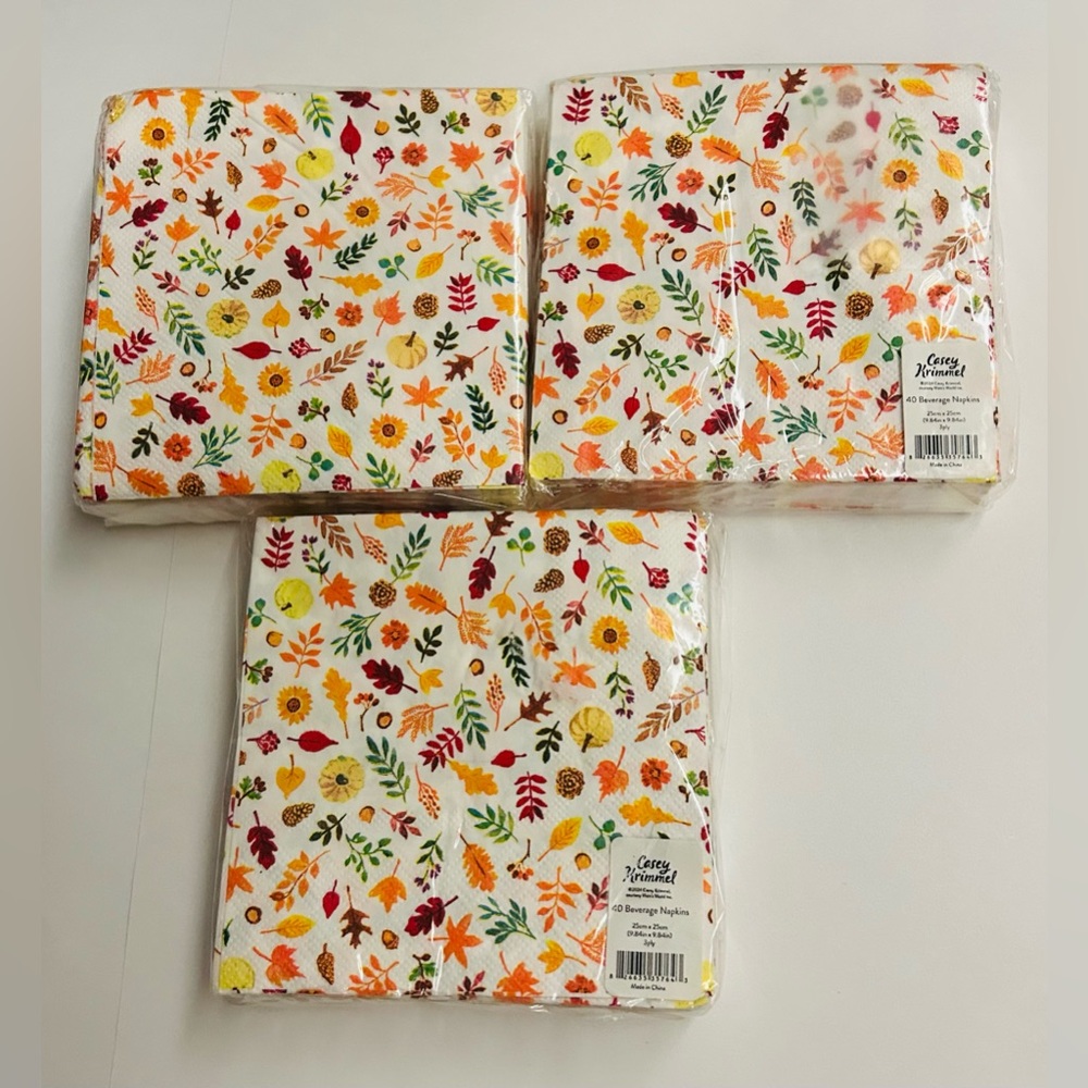 New 3 Packages of Casey Krimmel 40 Paper Beverage Napkins Fall Leaves